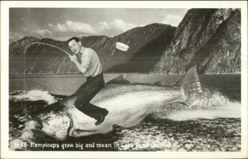 Lake Pend Oreille ID Fishing Exaggeration c1940 Real Photo Postcard KAMPLOOPS