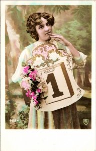 Hand Colored New Year Real Photo Postcard Woman Flowers Calendar