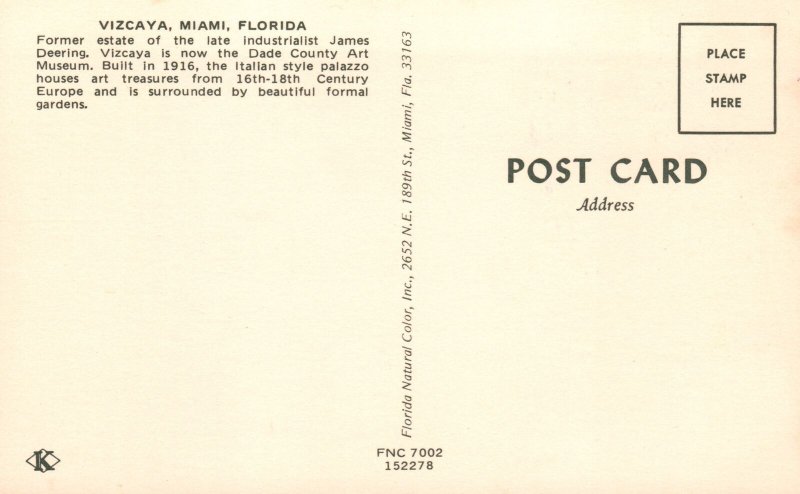 Vizcaya Dade Country Art Museum Fountain Miami Florida FL Vintage Postcard