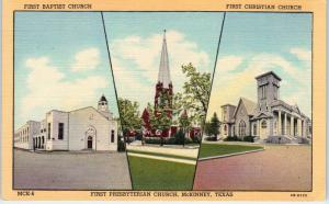 McKINNEY, TX Texas   MULTIVIEW of  3 CHURCHES   c1940s  Linen    Postcard