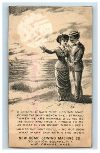 New Home Sewing Machine Hold-to-Light Message in Moon Lady & Man Beach Scene Z5 