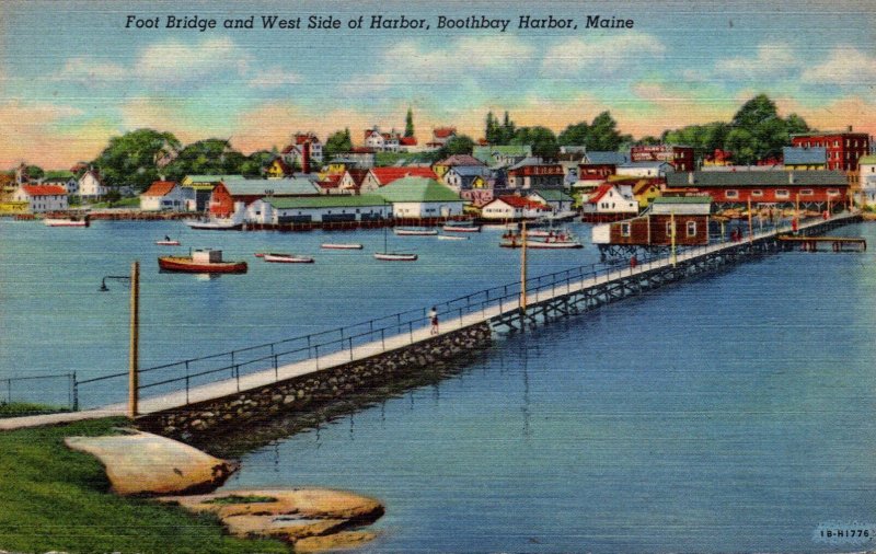 Maine Boothbay Harbor Foot Bridge and West Side Of Harbor Curteich