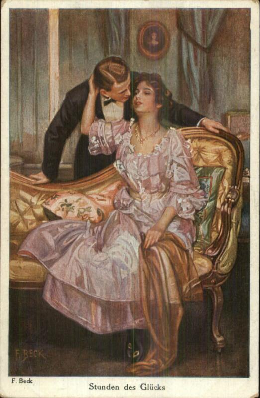 F. Beck Romance Beautiful Woman on Coach STUNDEN des GLUCKS Postcard