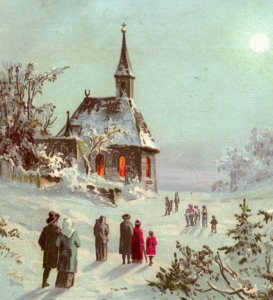 1880s Victorian Blithe & Peaceful Christmas Card Moon Church Mica Snow Fab! #A