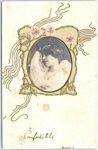 c1900s UDB Unique RPPC Portrait Embossed Border German Risque Girl Postcard A148