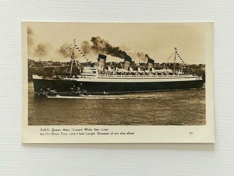 RPPC RMS Queen Mary Cunard White Star Line Cruise Ship Postcard Tug Boats