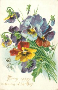 Embossed Pansies Pretty Flowers Postcard Many happy returns of the day Tuck's