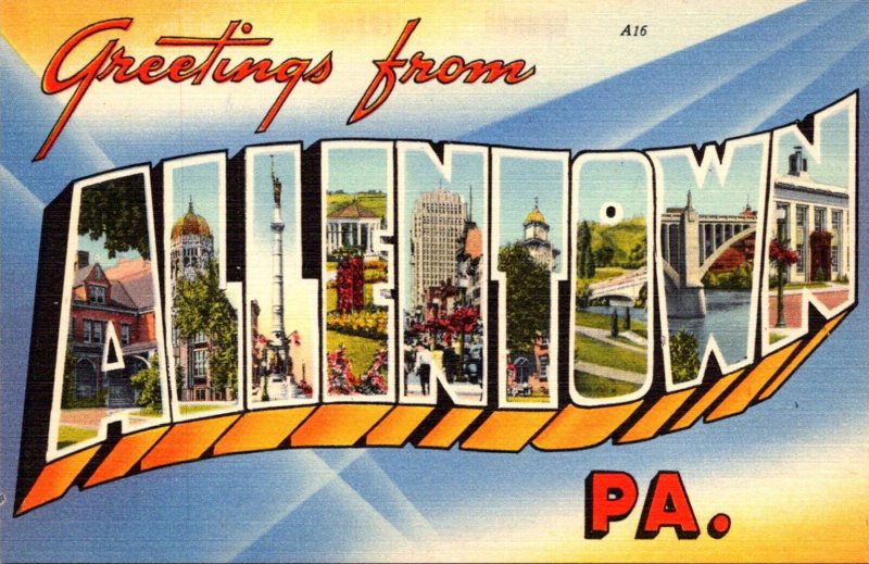 Pennsylvania Greetings From Allentown Large Letter Linen
