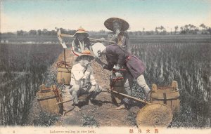 Japanese Farm Workers Resting in Rice Field Japan 1910s handcolored postcard