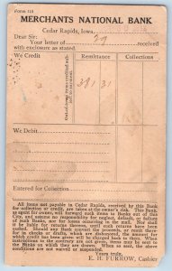 Cedar Rapids Iowa IA Postcard Merchant National Bank Enclosure 1912 Antique