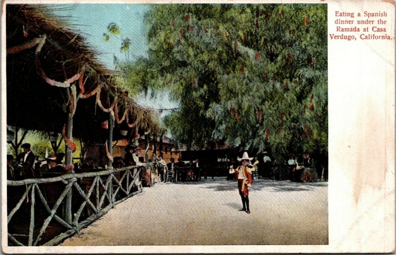 Ramada de Casa restaurant Verdugo CA outdor dining boy Mexican costume c1905