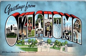 1930s Large Letter Greetings from Oklahoma Will Rogers Museum Postcard