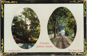 Canadian Summer Scene Sheltered Nook & River Road Double Ovalette Postcard G90