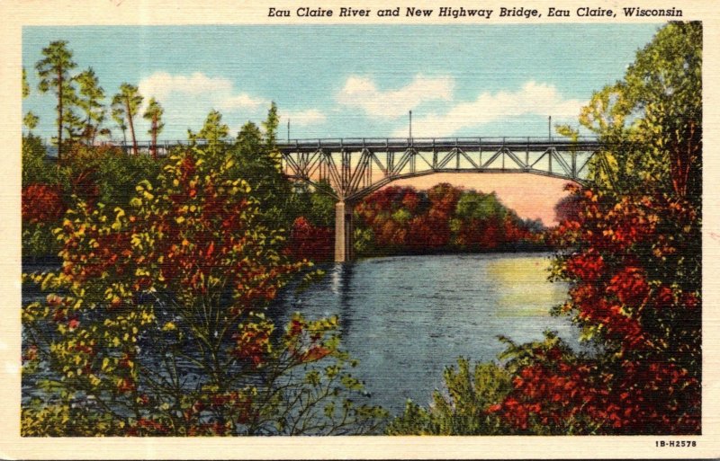 Wisconsin Eau Claire The Eau CLaire River and New Highway Bridge Curteich