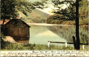 Echo Lake, Franconia Notch, New Hampshire, 1906 postcard, boat house, mountains