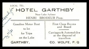 1930s Hotel Garthby Near Lake Aylmer Quebec Canada Business Card Ad