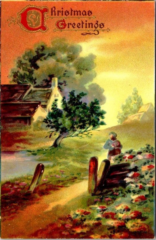 Holiday CHRISTMAS GREETINGS Country Scene ca1910's Raphael Tuck Holly Postcard
