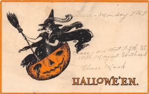 E20/ Halloween Holiday Postcard c1910 Witch Riding in Jack-O-Lantern Broom 22