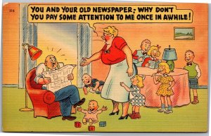 Postcard Comic wife to husband You and Your Newspaper Pay some Attention to me