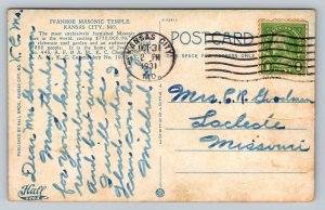 Ivanhoe Masonic Temple KANSAS CITY Missouri Vintage Postcard A185