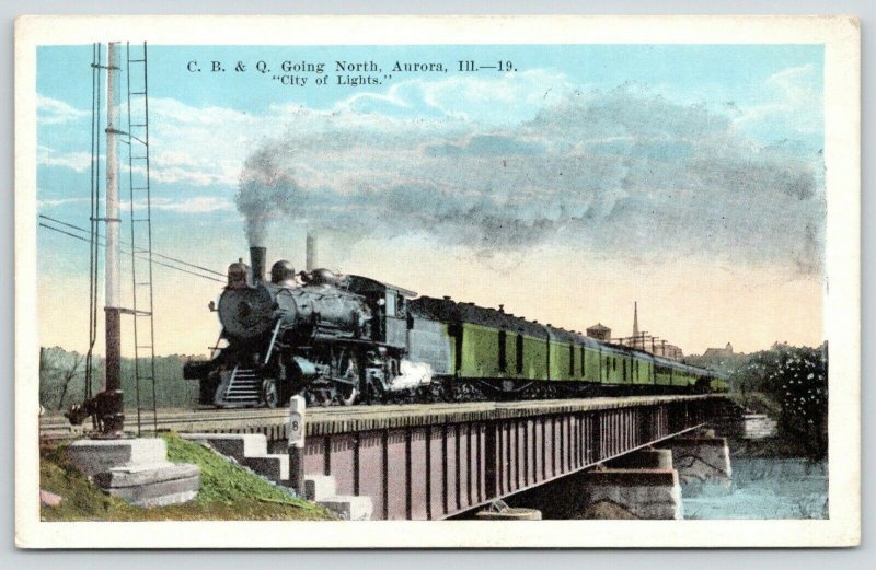 Aurora Illinois~CB&Q Steam Locomotive & Loaded Cars On Railroad Bridge~1920s