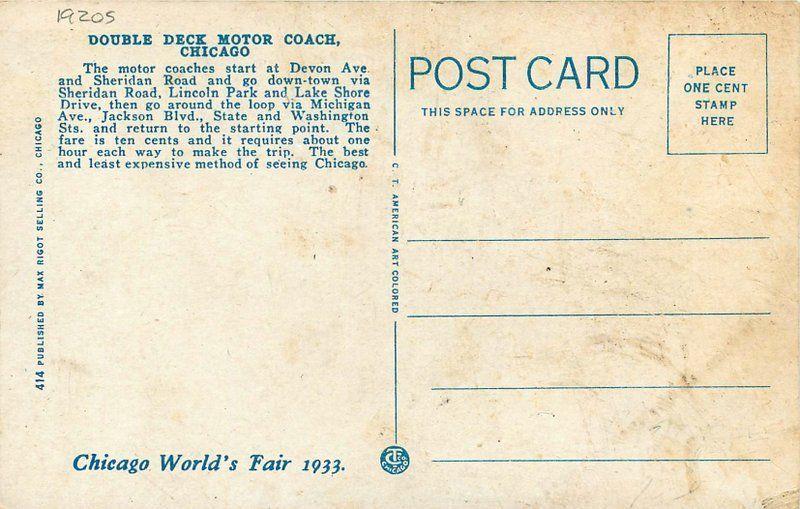 1920s Chicago Illinois Double Deck Motor Coach Rigot Teich postcard 2492