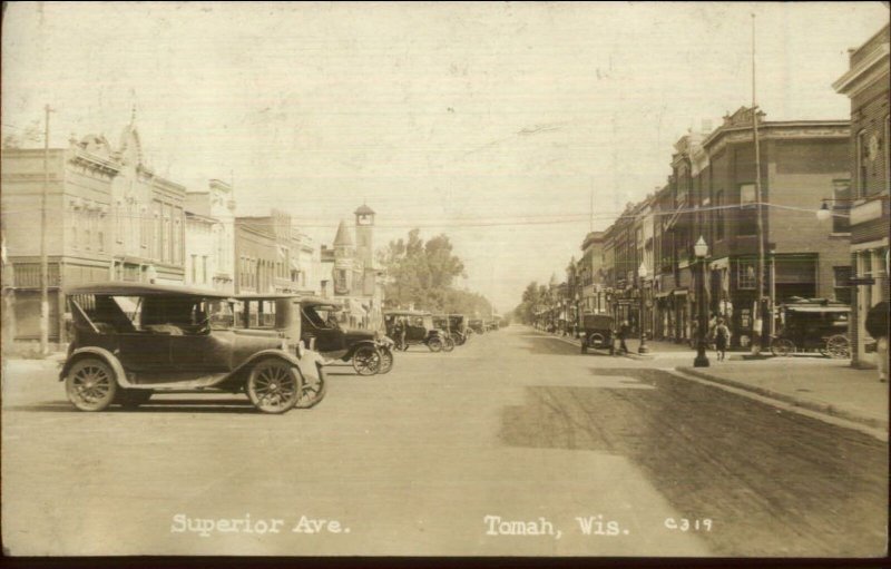 Tomah WI Superior Ave Cars & Buildings c1920 Real Photo Postcard