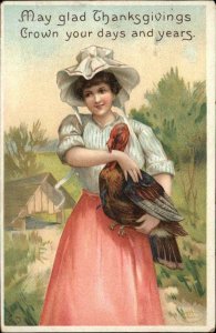 Thanksgiving Pretty Woman with Turkey Int'l Art c1910 Vintage Postcard