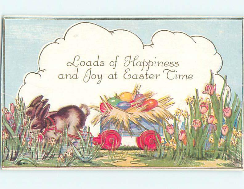 Divided-Back Easter BUNNY RABBITS PULLING WAGON LOADED WITH EGGS o6145