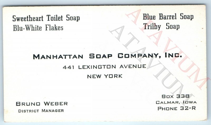 c1940s Calmar, Iowa Manhattan Soap Co Business Trade Card Bruno Weber Toilet C49