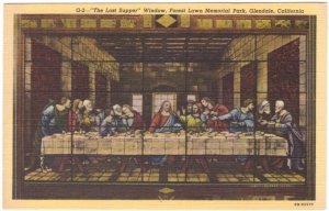 Last Supper Stained Glass, Forest Lawn Memorial Park, Glendale CA Linen Postcard