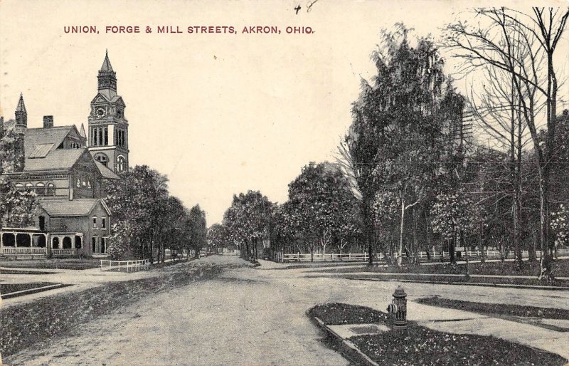 Union of Forge & Mill Streets Akron Ohio 1908 postcard