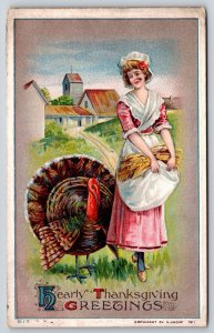 Holiday~Hearty Thanksgiving Greetings~Lady W/ Turkey~PM 1911~Emb~Vtg Postcard