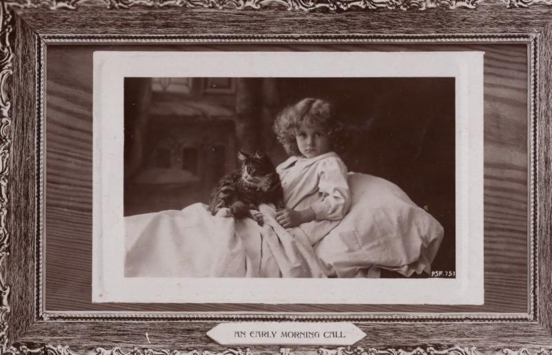 An Early Morning Call Child With Kitten Real Photo Antique Postcard