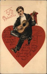 HBG Valentine Man Playing Guitar Guitarist c1910 Vintage Postcard