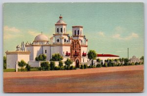 Tucson Arizona~Spanish Mission San Xavier Del Bac~Moorish~1940s Linen Postcard