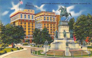 Hotel Richmond & Washington Monument Richmond Virginia 1940s linen postcard