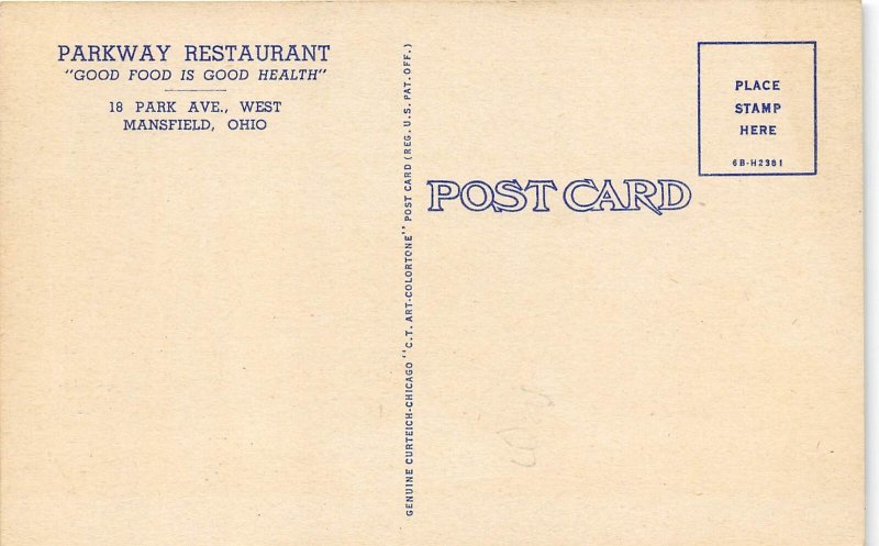 Mansfield Ohio 1950s Postcard Parkway Restaurant Dining Room Interior