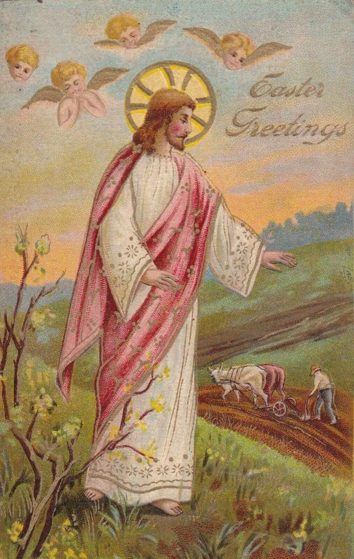 EASTER, 1900-10s; Gretings, Jesus Christ walking in a field, Cherubs