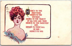 Lou Mayer Artist Signed Pretty Lady Here's to the Prettiest Posted Postcard