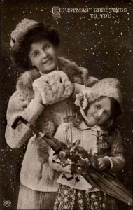 EAS Christmas Mother and Daughter Snow Fur Umbrella Vintage RPPC Postcard