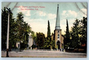 San Bernardino California CA Postcard Catholic Church Priest House Building 1910