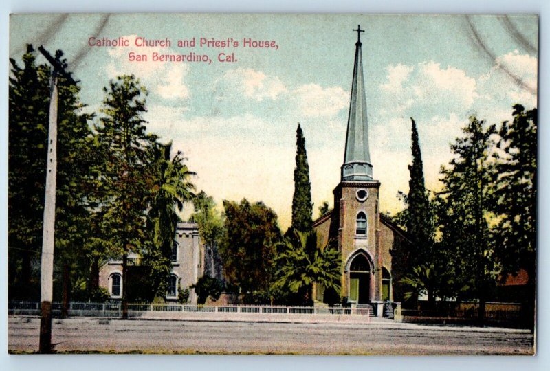 San Bernardino California CA Postcard Catholic Church Priest House Building 1910