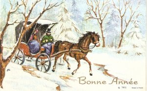 Horse Cart in the snow Nice French New Year Greetings card