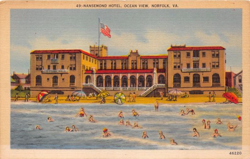 Norfolk Virginia Ocean View Chesapeake Bay Beach Nansemond Hotel Postcard 1940s Hippostcard