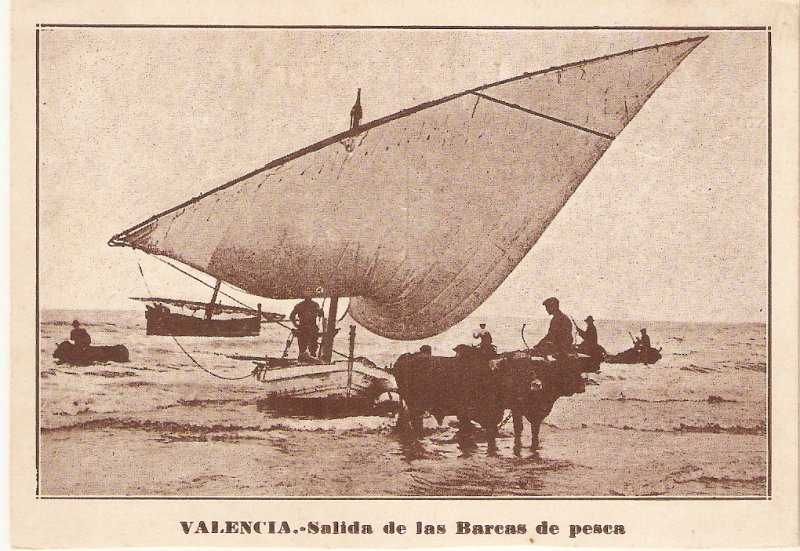 Valencia, Spain. Departure of the Fishing Boats Old vintage antique Spanish PC