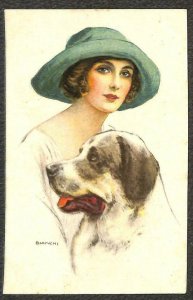 GLAMOUR WOMAN AND HER DOG ARTIST SIGNED BIANCHI POSTCARD (c. 1910)