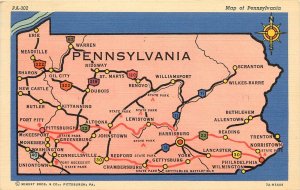 Linen Postcard; Minsky Bros. Map of Pennsylvania, Roads & Highways, Curt Teich