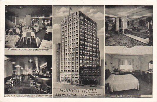 New York City Forrest Hotel Dining Room Lobby Cocktail Lounge and Typical Bed...