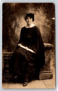 RPPC 1910s Woman Graduate Cap Gown Diploma Cyko Real Photo Postcard